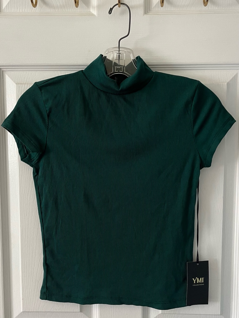 YMI Dark Green Ribbed Short Sleeve Mock Neck Top